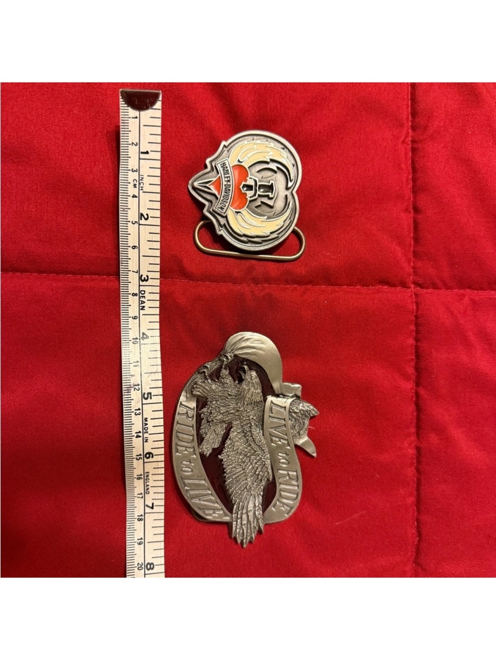 Eagle "Live to Ride" Metal Belt Buckle & Flame Emblem Set - Silver and Orange